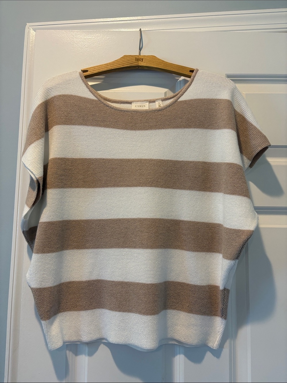 Cyrus NWOT Boxy Short Sleeve Knit Top in Cream & Tan Stripes
